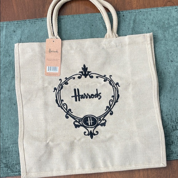 Harrods Handbags - Harrods Natural Canvas Tote with Black Embroidery